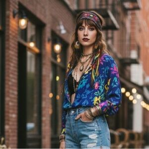 🍓 Original Anthony Top LARGE Rainbow Electric Blue Colorful Brocade Edgy